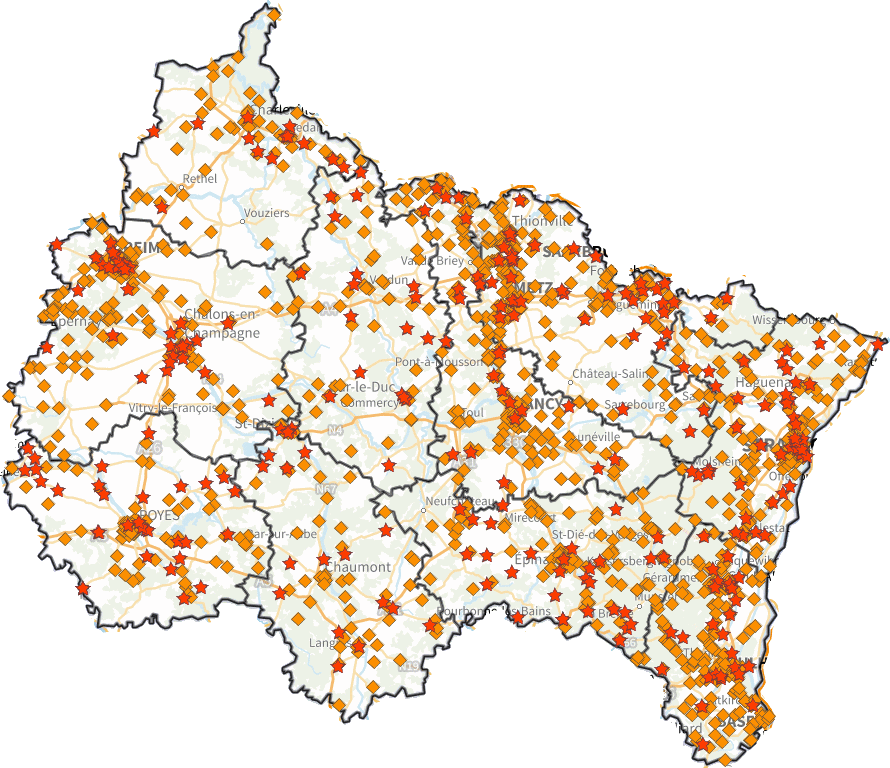 Localisation des accidents graves et mortels dans le Grand Est en 2024