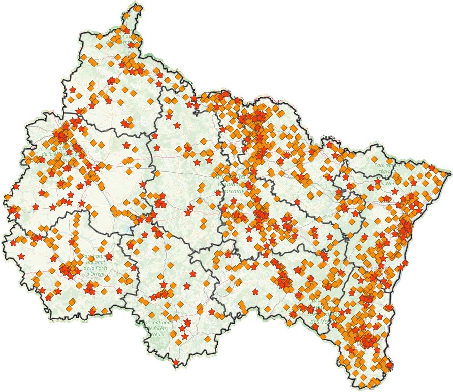 Localisation des accidents graves (◆) et mortels (★) dans le Grand Est en 2025