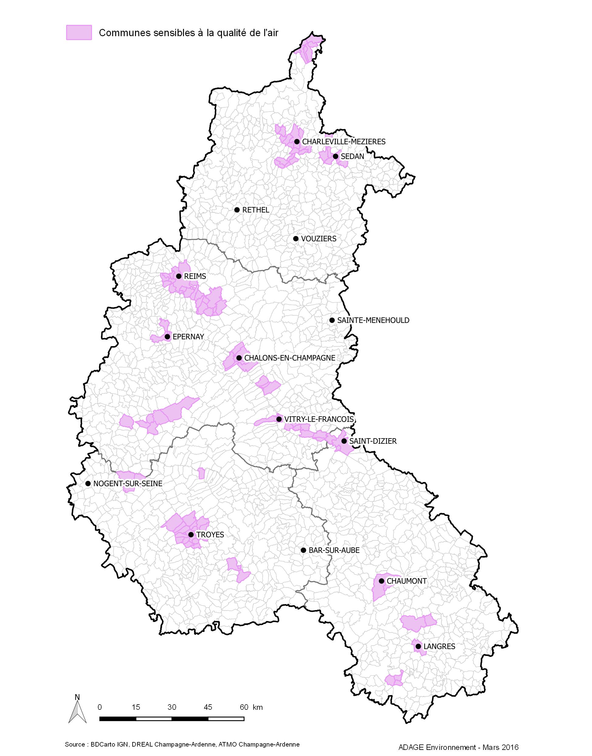 Communes sensibles à la qualité de l'air. Source : PCAER, 2012.