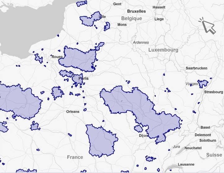 Visualisation des territoires des organisations utilisant DiaLog pour la gestion de leurs arrêtés de circulation.