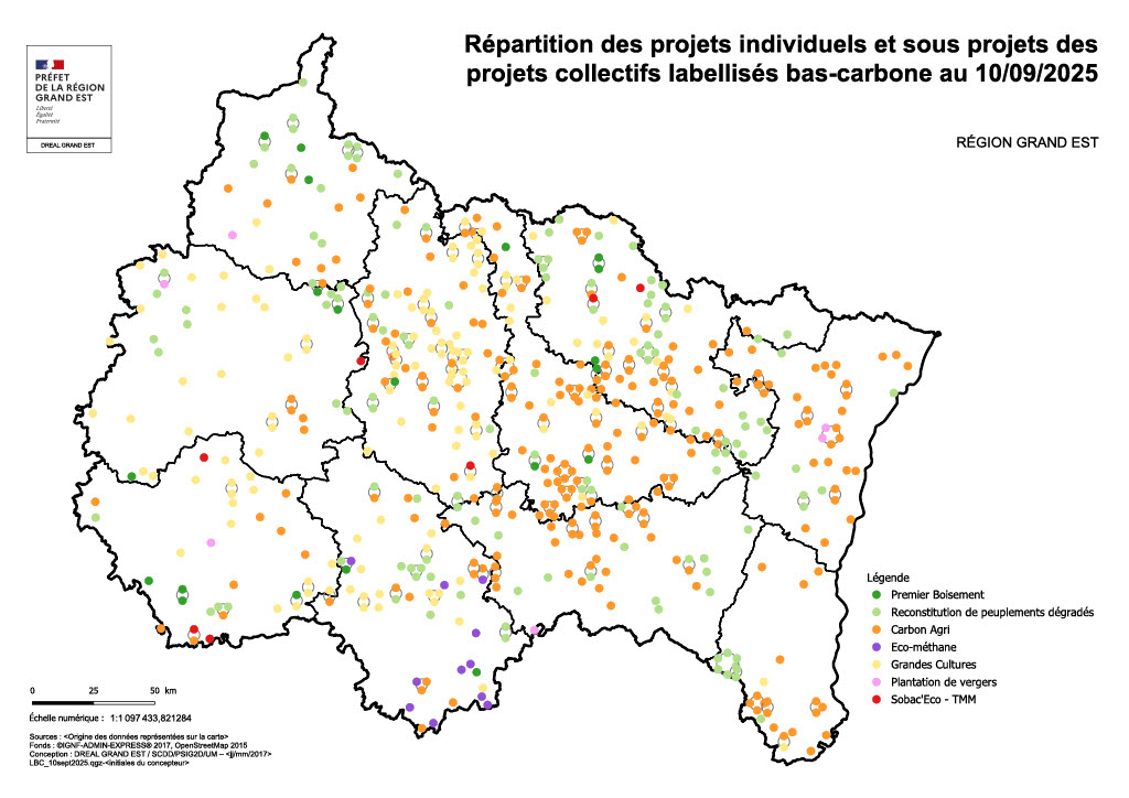 Carte des projets labellisés LBC en Grand Est_septembre 2025