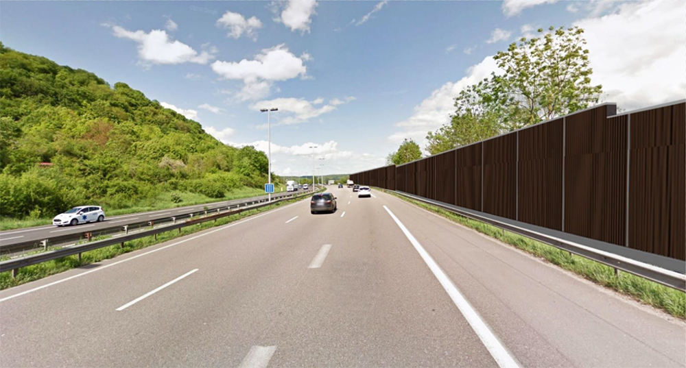 Vue avec insertion de l'écran phonique en béton de bois (côté A31)