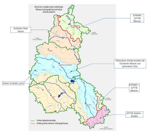 Réseau hydrographique principal. Bassins et établissements publics les couvrant.