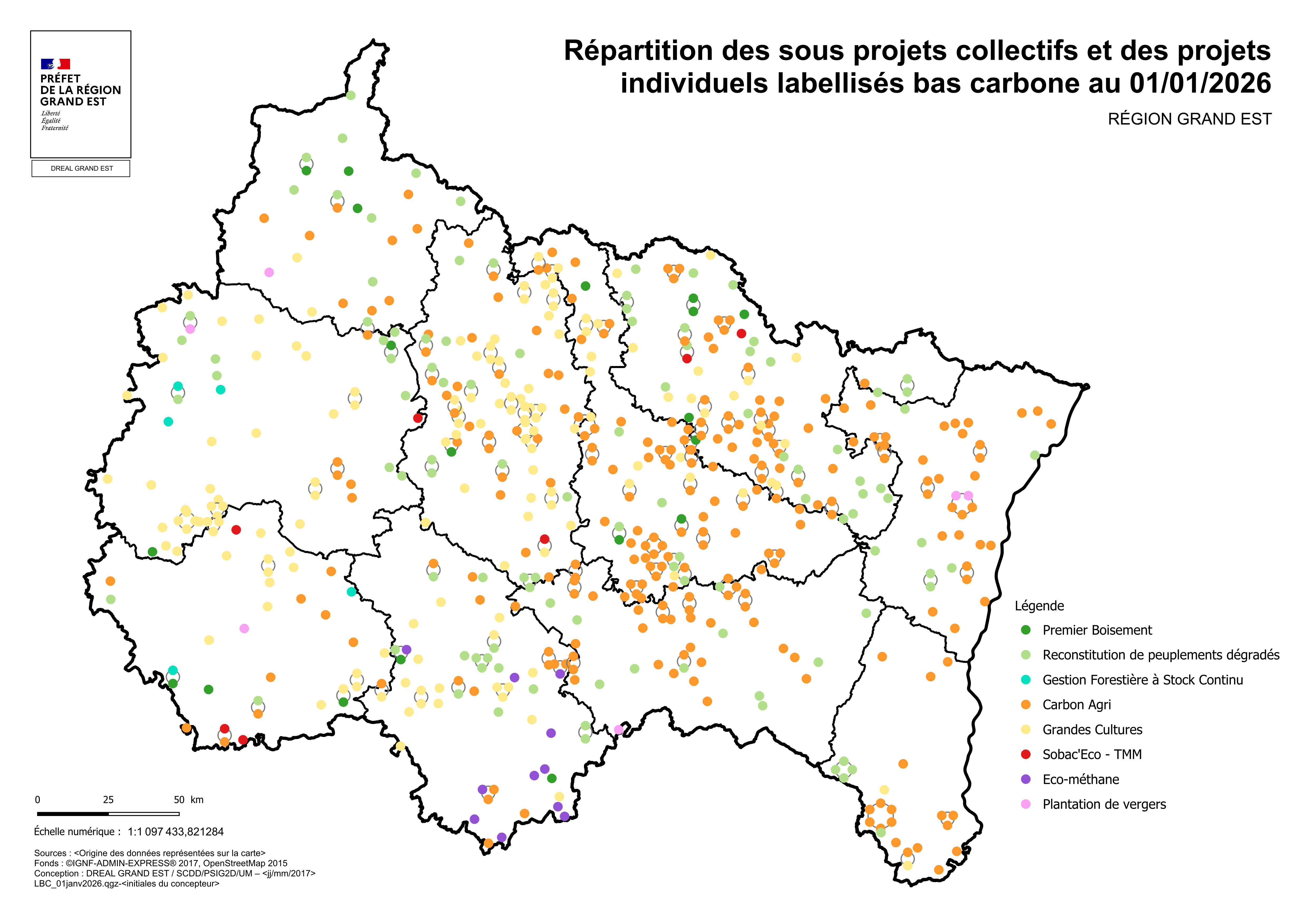 Carte des projets labellisés LBC en Grand Est_septembre 2025