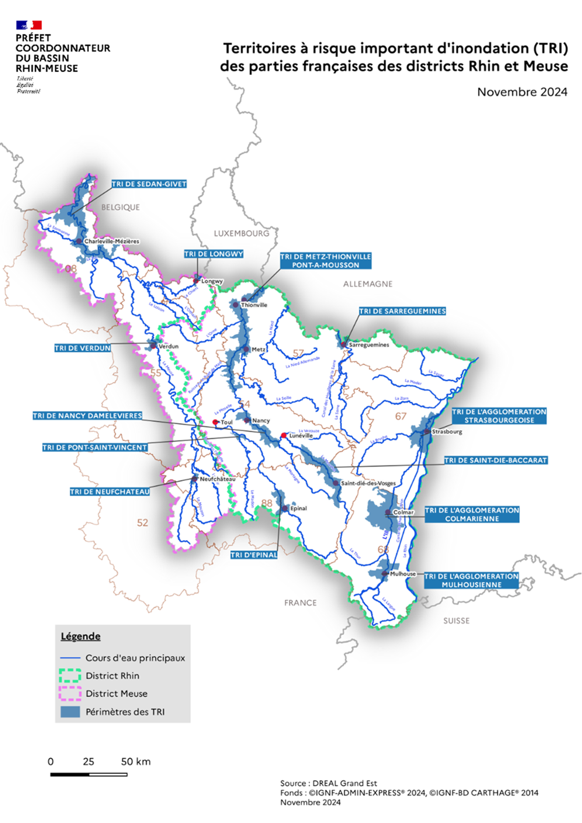 Carte des TRI du bassin Rhin-Meuse au 22/11/2022